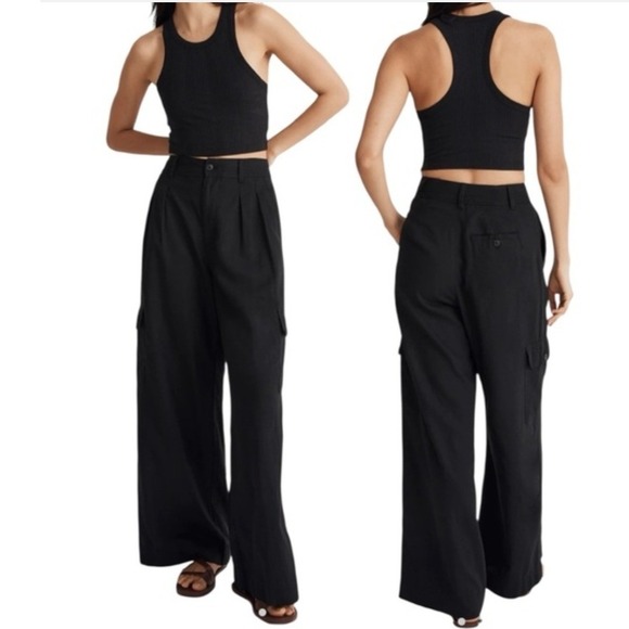Madewell Pants - Madewell Black Linen Blend High Rise Wide Leg Cargo Pants Size 2 Trousers